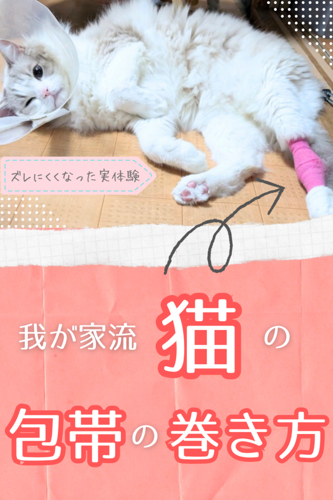 エリザベスカラーをつけて後足に包帯を巻いた猫の写真に「我が家流 猫の包帯の巻き方」と書かれた画像