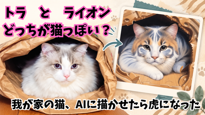 ラグドールの写真を使用した画像に「トラとライオン、どっちが猫っぽい？我が家の愛猫、AIに描かせたら虎になった」と書かれたアイキャッチ画像