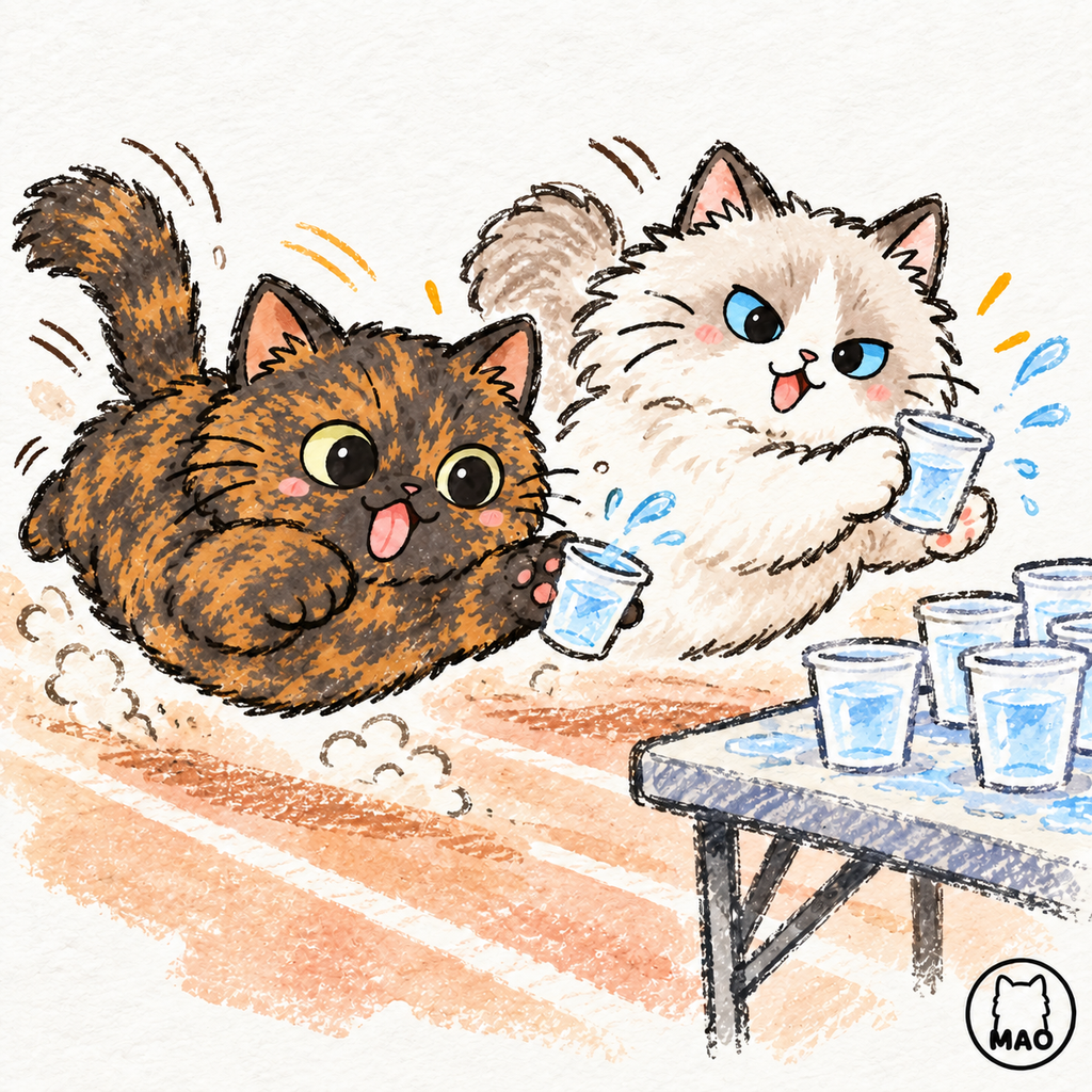 廊下に置いた水を、走りながら飲みに来る猫2匹のイラスト